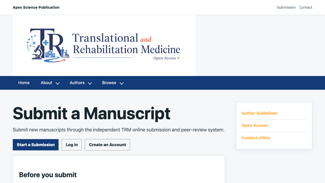 TRM submission information page with Start a Submission, Log in, and Create an Account buttons