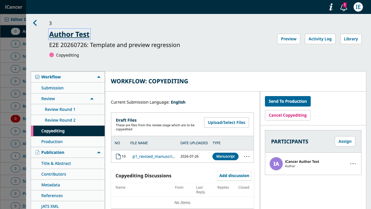 Editor manuscript workflow page showing copyediting files, participants, and Send To Production button