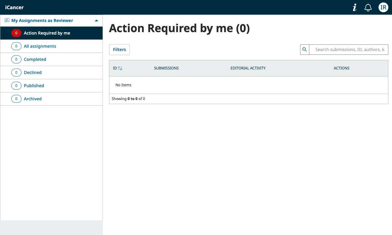 Reviewer dashboard showing Action Required by me and assignment categories